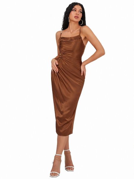 

casual dresses solid chain detail ruched split back slip dress c8jd#, Black;gray