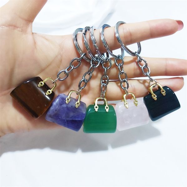 

women bag shaped charms keychains natural healing crystal amethyst rose quartz gemstone pendant key rings gift wholesale for jewelry making, Silver