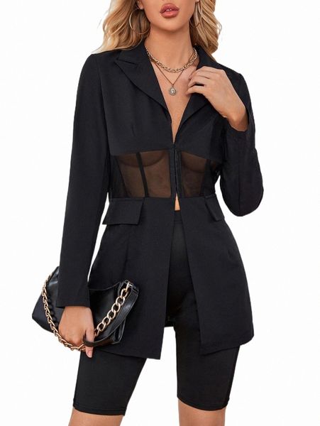 

two piece dress mesh panel hook and eye blazer & biker shorts d3bq#, White