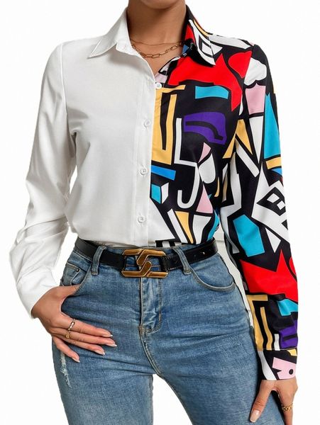 

women's blouses & shirts geo print button front shirt z4ct#, White