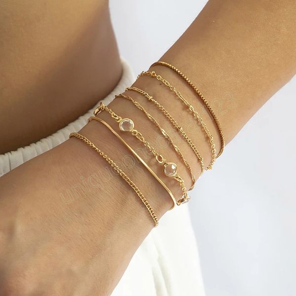 

7pcs boho snke thin chain tassel bracelets sets for women girls simple vintage crystal charm bangles jewelry accessories, Golden;silver