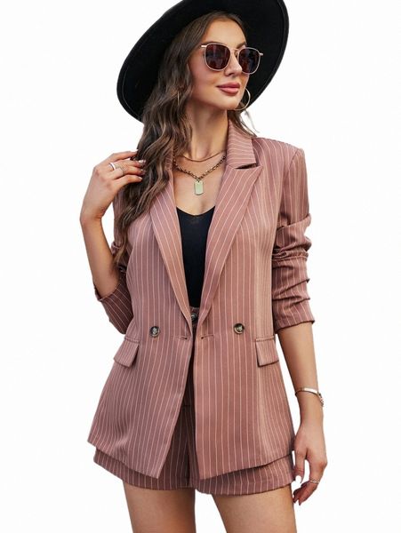 

two piece dress vertical striped double button blazer & shorts n9s4#, White