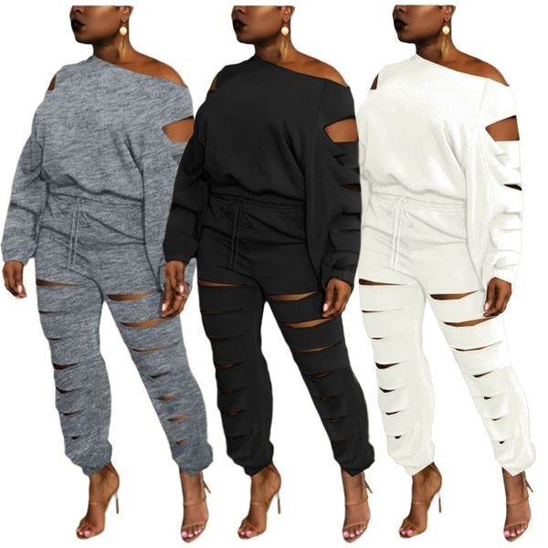 

womens two piece pants autumn solid hollow out tracksuit women casual skew neck long sleeve sweatshirts crop pants 2 piece set outfits match, White