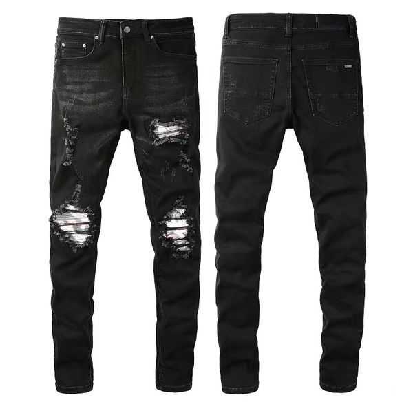 

european and american designers jeans men's slim small straight patch hole beggar pants retro stitching beggar's old patch loose, Blue