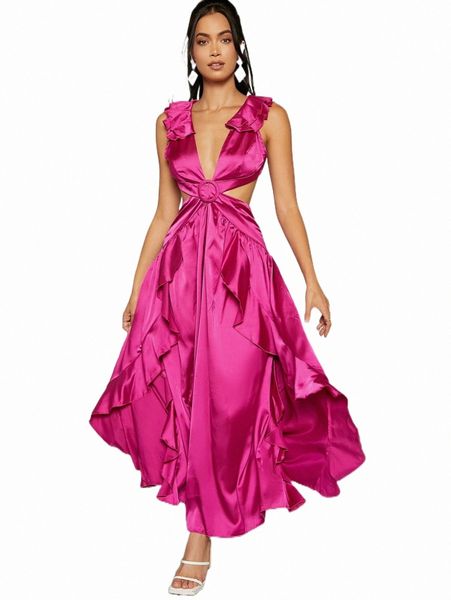 

casual dresses plunging buckle detail ruffle trim lace up backless dress n5fk#, Black;gray