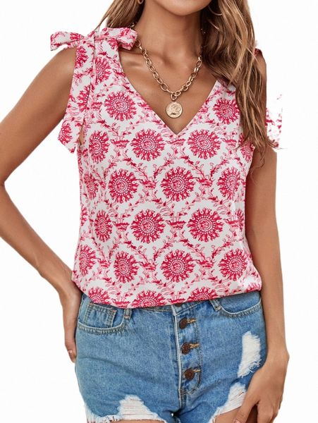 

women's tanks & camis allover print knot shoulder tank i7ny#, White