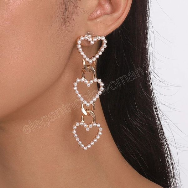 

korean fashion imitation pearl heart long dangle earrings women bridal temperament link chain hanging earring wed love accessories, Silver