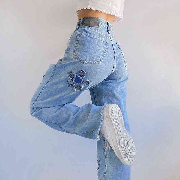 

women's jeans streetwear y2k flowers loose high waist denim baggy mom straight pants fashion casual trousers t220825, Blue
