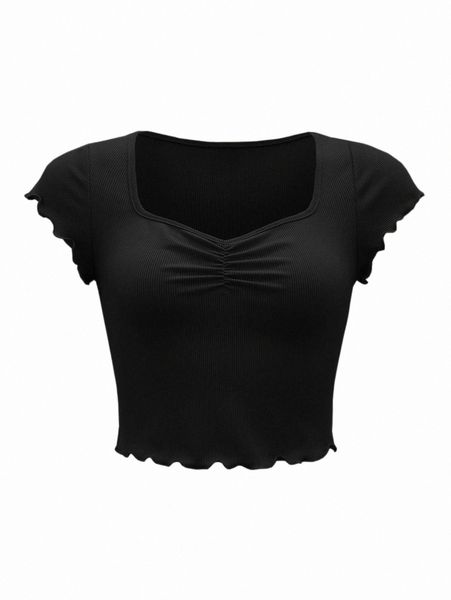 

women's t-shirt ruched sweetheart neck lettuce trim tee t4lg#, White