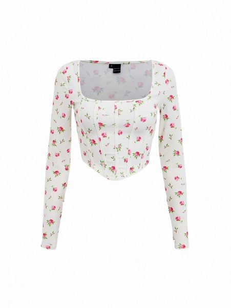 

women's t-shirt mod floral print square neck tee a27b#, White
