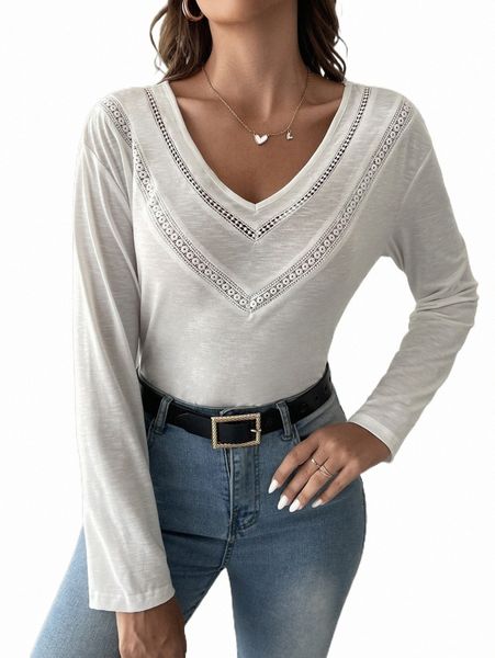 

women's t-shirt solid contrast lace tee 2022 new 68ij#, White