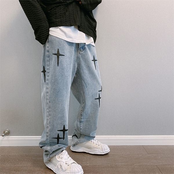 

men's pants leather embroidered cross vintage blue jeans men's high street loose straight wide leg pants hip hop streetwear male b, Black