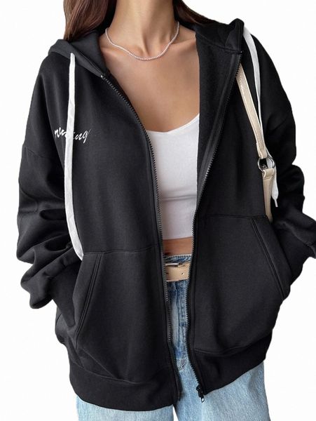 

women's hoodies & sweatshirts dazy letter graphic zip up drop shoulder thermal lined drawstring hoodie i4ie#, Black