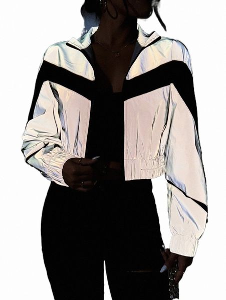

women's jackets petite reflective two tone zipper crop jacket f5jt#, Black;brown