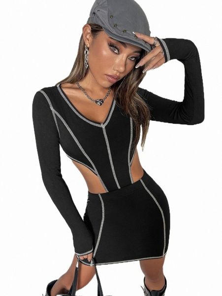 

casual dresses contrast stitch cut out waist bodycon dress 78wc#, Black;gray