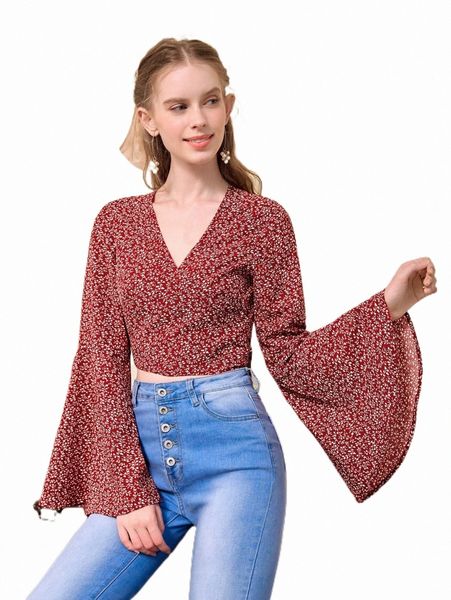 

women's blouses & shirts mod plants print tie back wrap blouse u3qm#, White