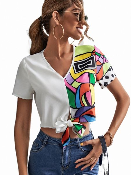 

women's blouses & shirts graphic print knot hem blouse p8tg#, White