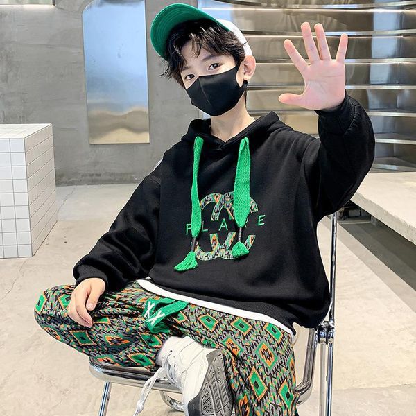 

big boys sports clothes sets kids letter embroidery hooded long sleeve sweatshirt geometric pattern trouser 2pcs fashion children outfits q8, White