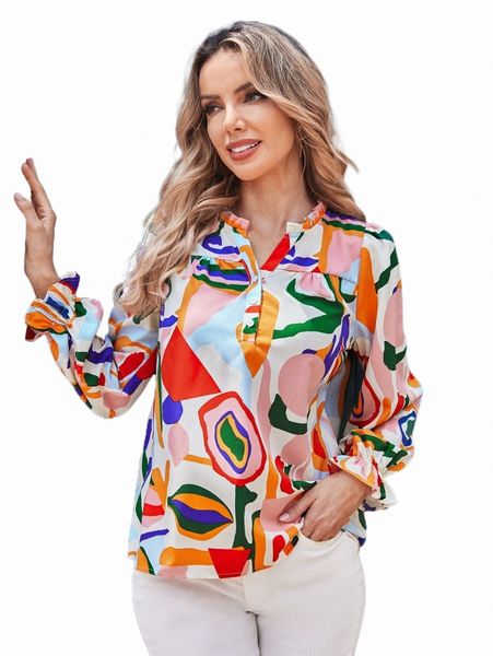 

women's blouses & shirts emery rose graphic print notched neck flounce sleeve blouse 12o1#, White