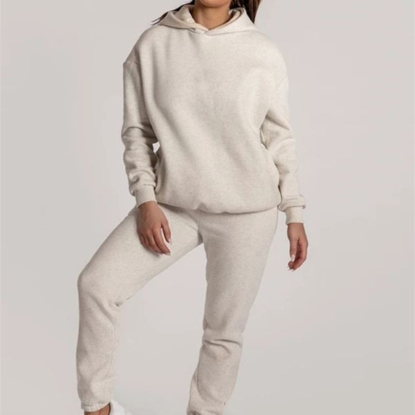 

womens two piece pants autumn oversized fleece tracksuit 2 piece set women solid hoody sweatshirt high waist pants female suit casual lady o, White