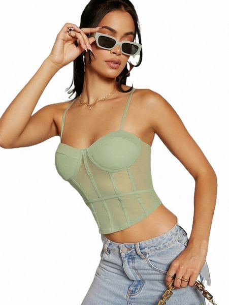 

women's tanks & camis seam front sheer mesh bustier cami t8c6#, White