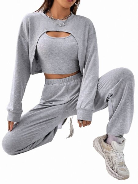 

two piece dress drop shoulder super crop pullover & sweatpants & tank k62k#, White