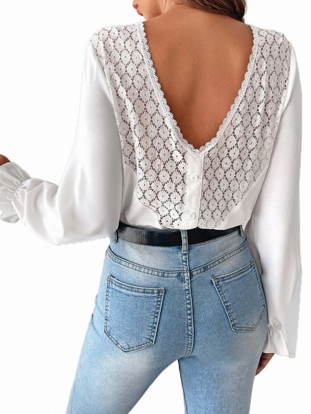 

women's blouses & shirts guipure lace insert flounce sleeve blouse i2v1#, White