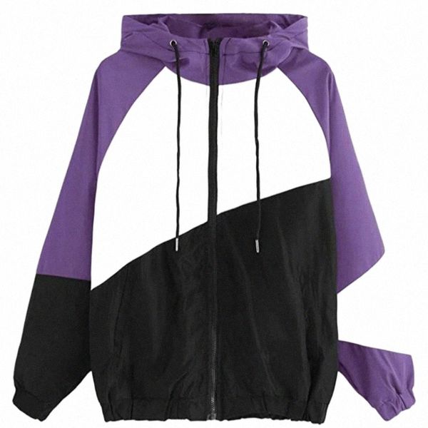 

women's jackets women hooded jacket summer long sleeve patchwork loose windbreaker lightweight jacket zipper cortaviento mujer 2021 aut, Black;brown