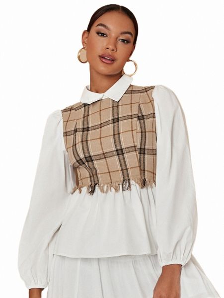 

women's blouses & shirts plaid panel raw trim 2 in 1 blouse r14w#, White