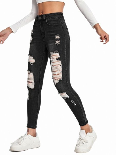 

women's jeans slant pocket ripped skinny jeans j98w#, Blue