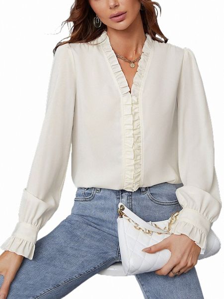 

women's blouses & shirts frill trim flounce sleeve blouse v0rz#, White