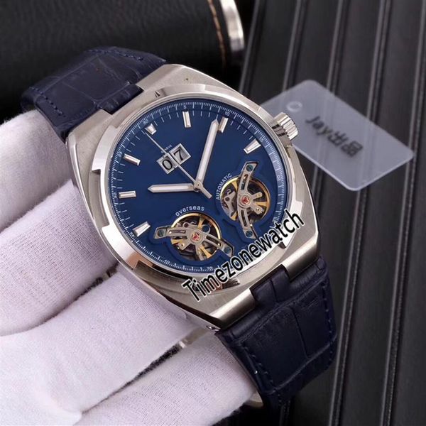 

new overseas big date steel case double tourbillon blue dial automatic mens watch blue leather strap gents watches 8 223w, Slivery;brown
