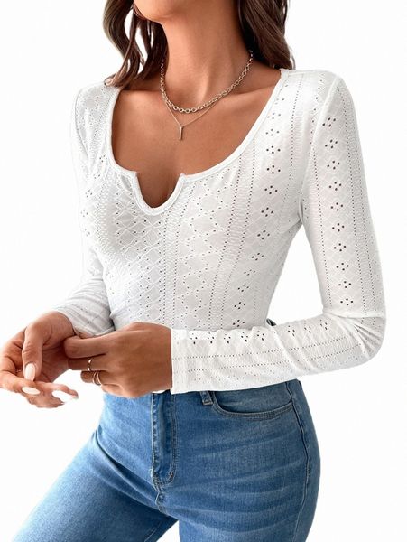 

women's t-shirt solid notched neck eyelet embroidery tee g0oe#, White