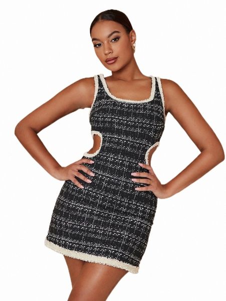 

casual dresses plaid pattern cut out raw trim tweed dress 70nx#, Black;gray