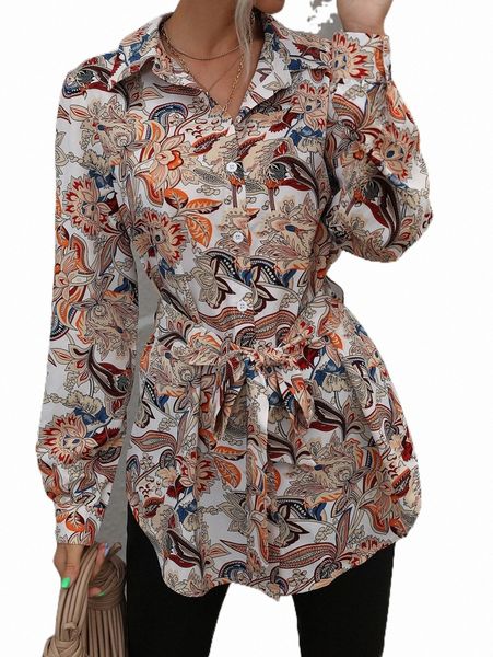 

women's blouses & shirts floral print button front belted shirt x09r#, White