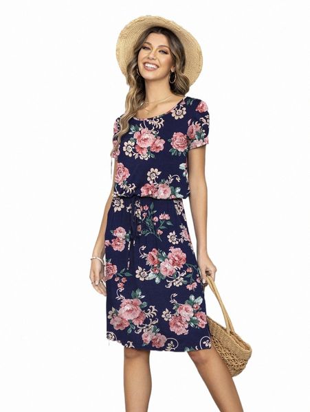 

casual dresses dearcase floral print drawstring waist dress c0je#, Black;gray