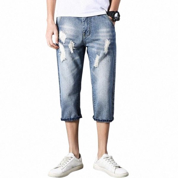 

men's jeans men's jeans hole mens denim short jean stretch calf-length pants fashion slim elastic shorts male clothes1 e6yv#, Blue