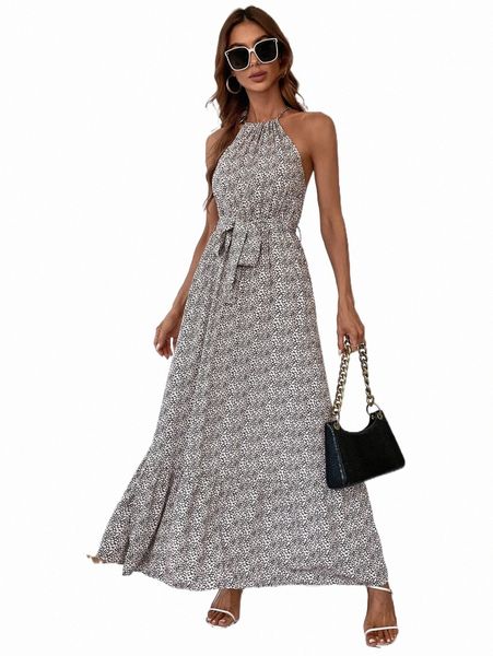 

casual dresses ditsy floral print ruffle hem belted halter dress y4jz#, Black;gray