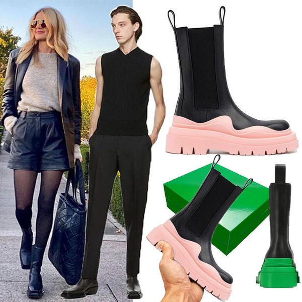 

women bottega black/pink soles boots hipster luxury man tire leather chelsea booties men platform chunky shoes lady knight high-boots design