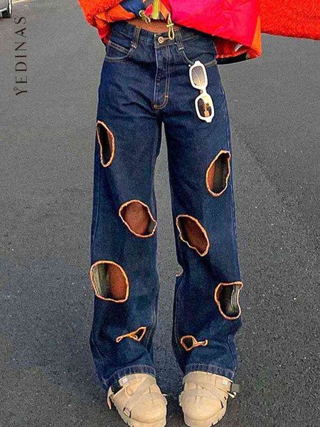 

women's jeans yedinas girl baggy hollow out mom jeans women vintage straight denim trousers 90s aesthetic low waist 2022 spring streetw, Blue