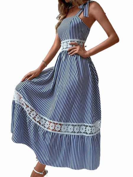 

casual dresses striped contrast guipure lace tie shoulder dress h2zb#, Black;gray