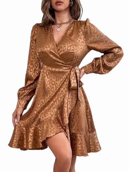

casual dresses leopard jacquard knot side satin dress m94e#, Black;gray
