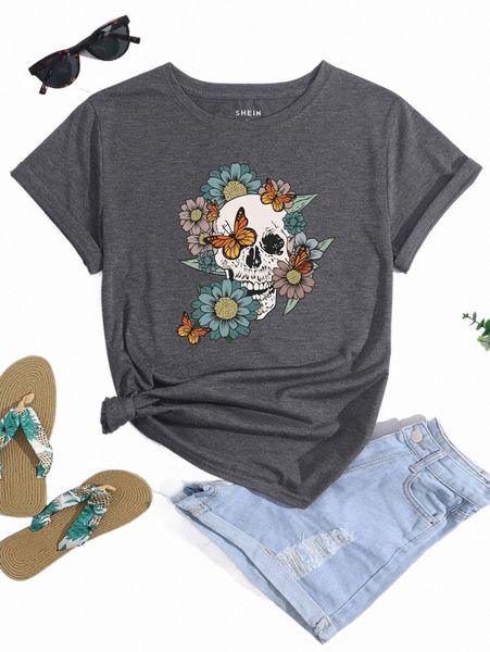 

women's t-shirt skull and floral print tee 2022 new v3wn#, White
