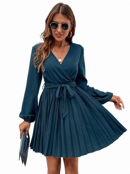 

casual dresses overlap collar pleated hem belted dress l5tt#, Black;gray