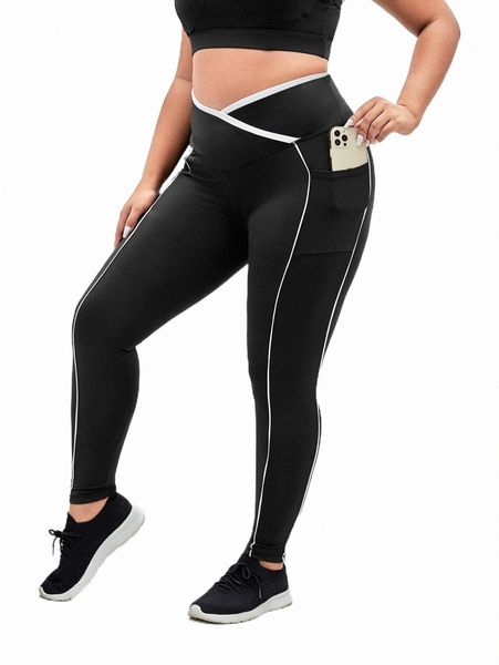 

plus size tracksuits plus asymmetrical waist contrast piping sports leggings h3jd#, Black