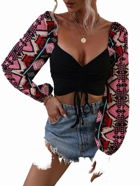 

women's t-shirt geo print lantern sleeve drawstring crop 57ln#, White