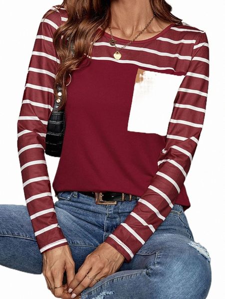 

women's t-shirt striped print pocket patched tee l38s#, White