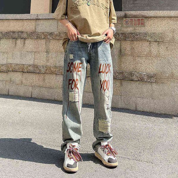 

women's jeans y2k ripped jeans for women straight baggy pants streetwear versatile harajuku denim trousers gothic letter print wide-leg, Blue