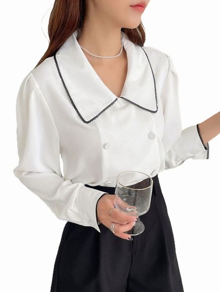 

women's blouses & shirts dazy contrast binding button front shirt m8db#, White