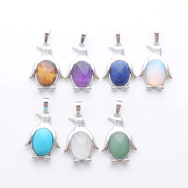 

7 colors mixed cute penguin pendants animal shape lucky jewelry natural gem stone bead oval tigers eye opal lapis bn390, Silver